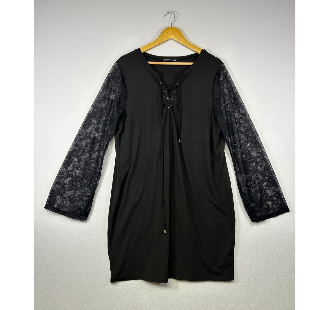 Whimsigoth Moral Fiber Women 3X Black Lace Sleeve Lace Up V-Neck‎ Tunic Dress